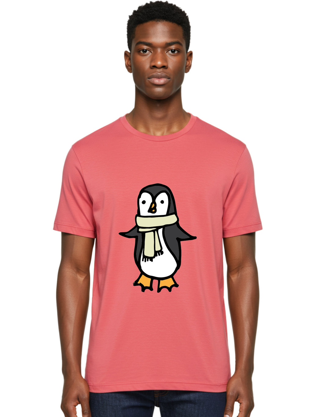 Penguin-With-Scarf Men'S Graphic Tee, 100% Cotton, Comfortable Casual Summer Wear, Machine Washable, Cartoon Penguin, Winter Fashion, Scarf Style, Cold Weather, Adorable Creature, Illustration Art, Cute Design, Tuxedo Bird, Animal Drawing Aab032