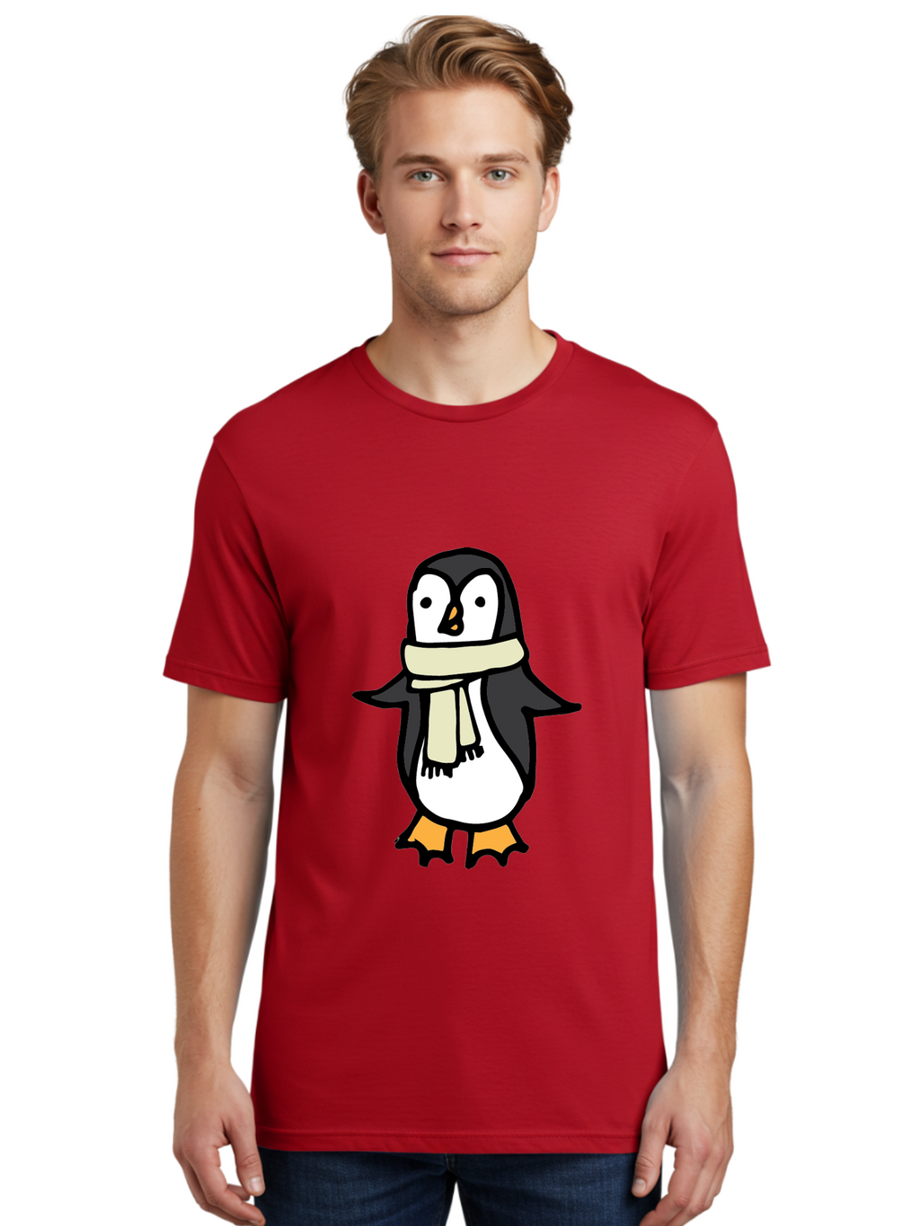 Penguin-With-Scarf Men'S Graphic Tee, 100% Cotton, Comfortable Casual Summer Wear, Machine Washable, Cartoon Penguin, Winter Fashion, Scarf Style, Cold Weather, Adorable Creature, Illustration Art, Cute Design, Tuxedo Bird, Animal Drawing Aab032