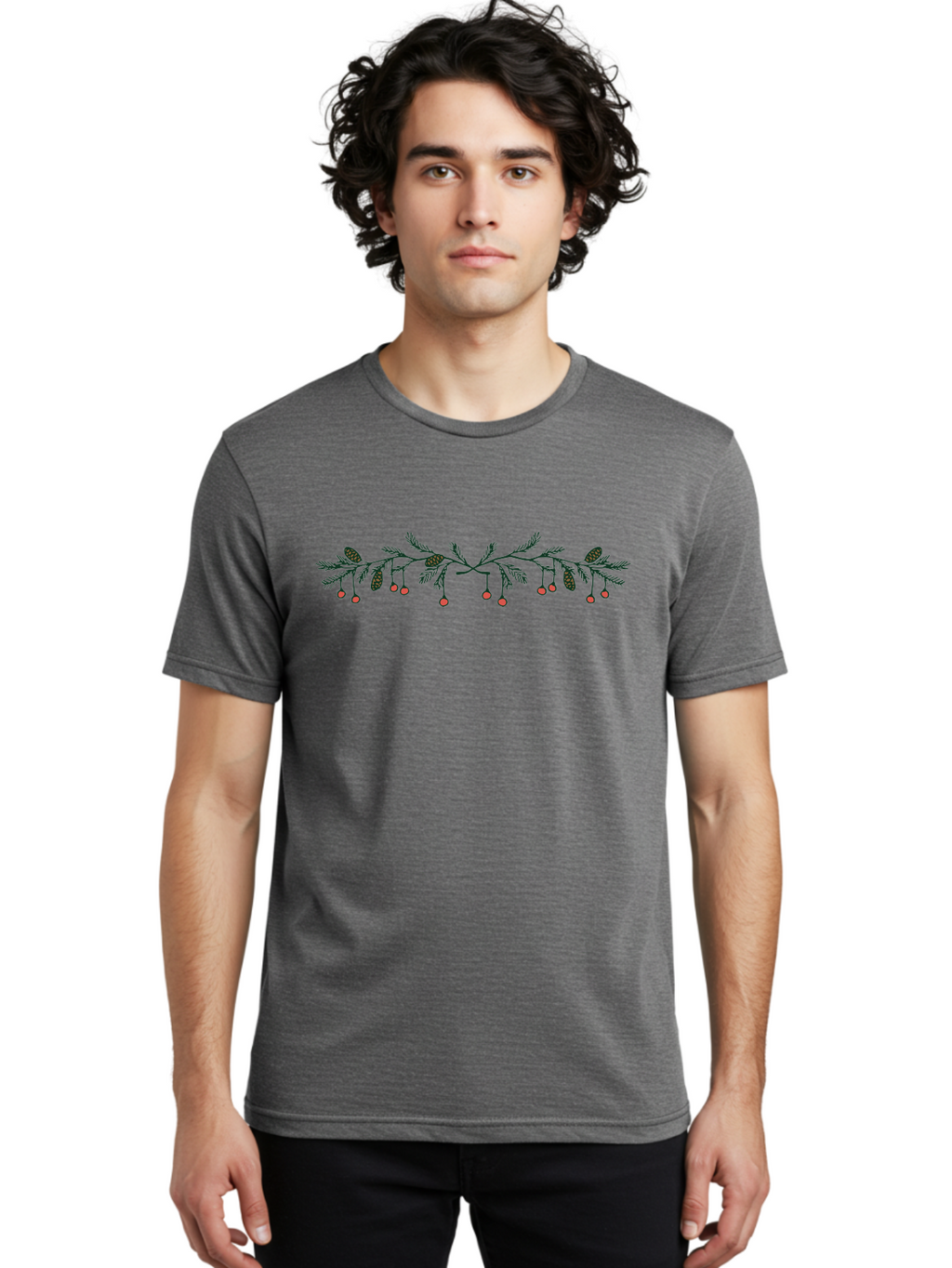 Pine-Branch-With-Berries Men'S Graphic Tee, 100% Cotton, Comfortable Casual Summer Wear, Machine Washable, Pine Branch, Pine Cones, Red Berries, Festive Decorations, Christmas Theme, Holiday Decor, Winter Elements, Seasonal Design Aab036