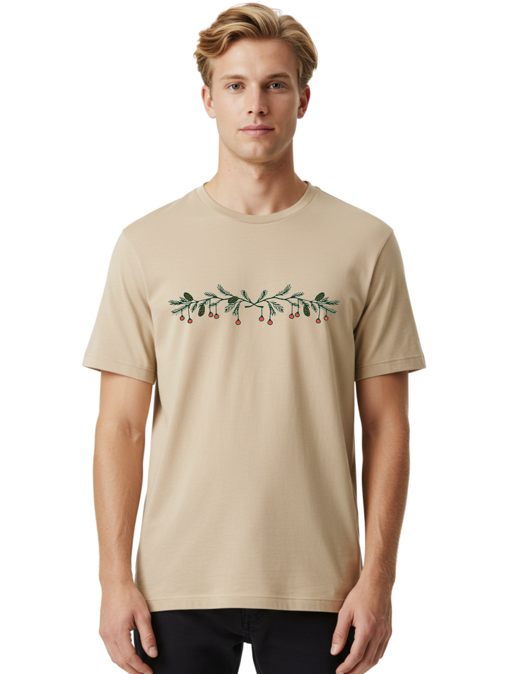 Pine-Branch-With-Berries Men'S Graphic Tee, 100% Cotton, Comfortable Casual Summer Wear, Machine Washable, Pine Branch, Pine Cones, Red Berries, Festive Decorations, Christmas Theme, Holiday Decor, Winter Elements, Seasonal Design Aab036