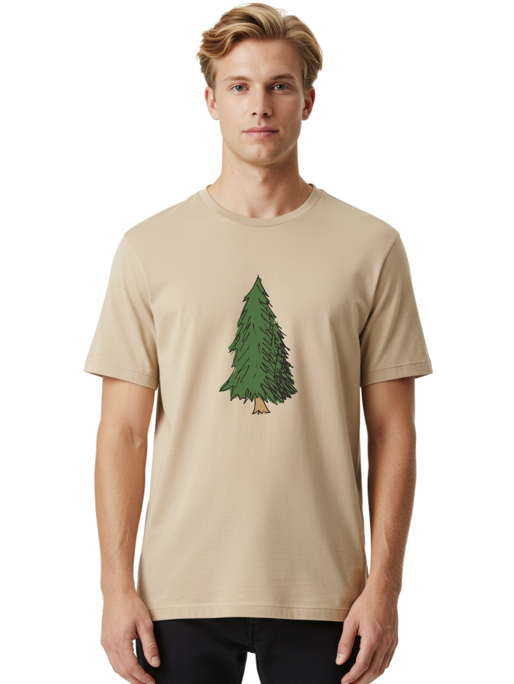 Pine-Tree-2 Men'S Graphic Tee, 100% Cotton, Comfortable Casual Summer Wear, Machine Washable, Evergreen Tree, Pine Tree, Cartoon Illustration, Simple Drawing, Green Foliage, Tree Trunk, Forest Art, Digital Graphics Aab041