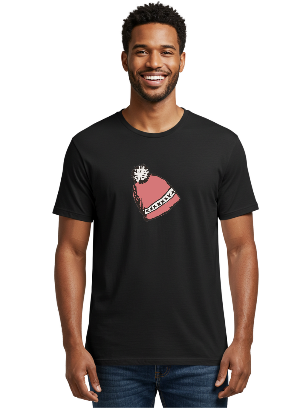Pink-Hat Men'S Graphic Tee, 100% Cotton, Comfortable Casual Summer Wear, Machine Washable, Winter Hat, Pink Knitted Hat, Festive Headgear, White Pom-Pom, Seasonal Fashion, Cold Weather Clothing, Stylish Accessories, X X X X Y Pattern Aab044