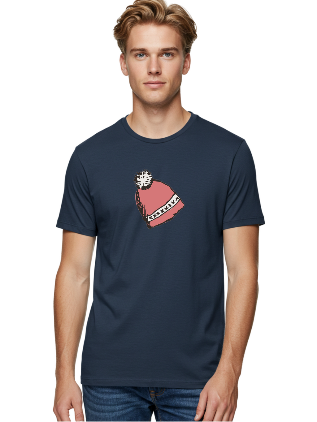 Pink-Hat Men'S Graphic Tee, 100% Cotton, Comfortable Casual Summer Wear, Machine Washable, Winter Hat, Pink Knitted Hat, Festive Headgear, White Pom-Pom, Seasonal Fashion, Cold Weather Clothing, Stylish Accessories, X X X X Y Pattern Aab044
