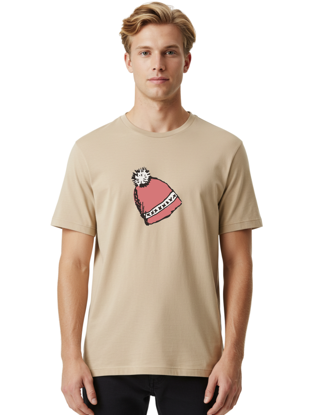 Pink-Hat Men'S Graphic Tee, 100% Cotton, Comfortable Casual Summer Wear, Machine Washable, Winter Hat, Pink Knitted Hat, Festive Headgear, White Pom-Pom, Seasonal Fashion, Cold Weather Clothing, Stylish Accessories, X X X X Y Pattern Aab044