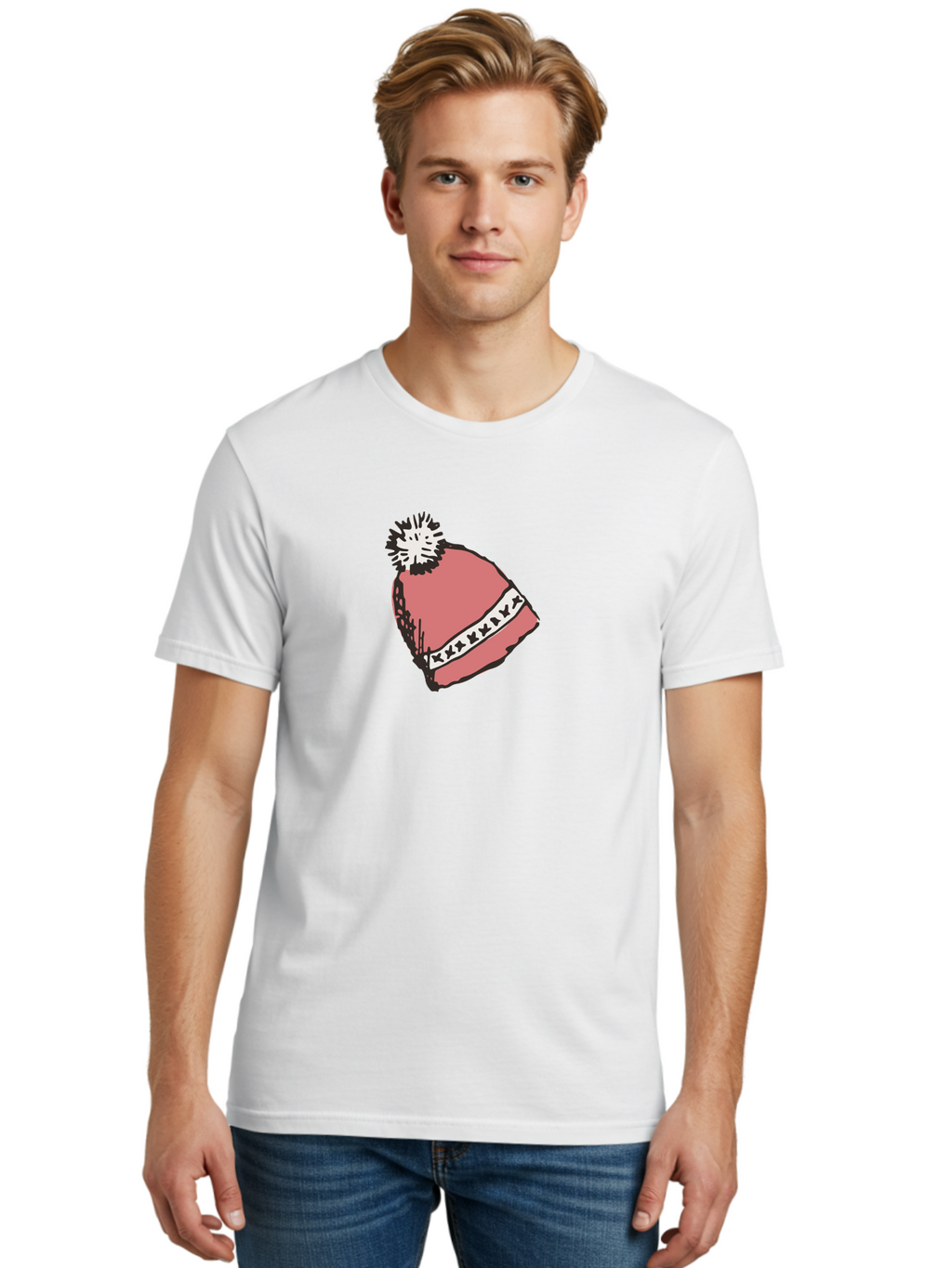 Pink-Hat Men'S Graphic Tee, 100% Cotton, Comfortable Casual Summer Wear, Machine Washable, Winter Hat, Pink Knitted Hat, Festive Headgear, White Pom-Pom, Seasonal Fashion, Cold Weather Clothing, Stylish Accessories, X X X X Y Pattern Aab044