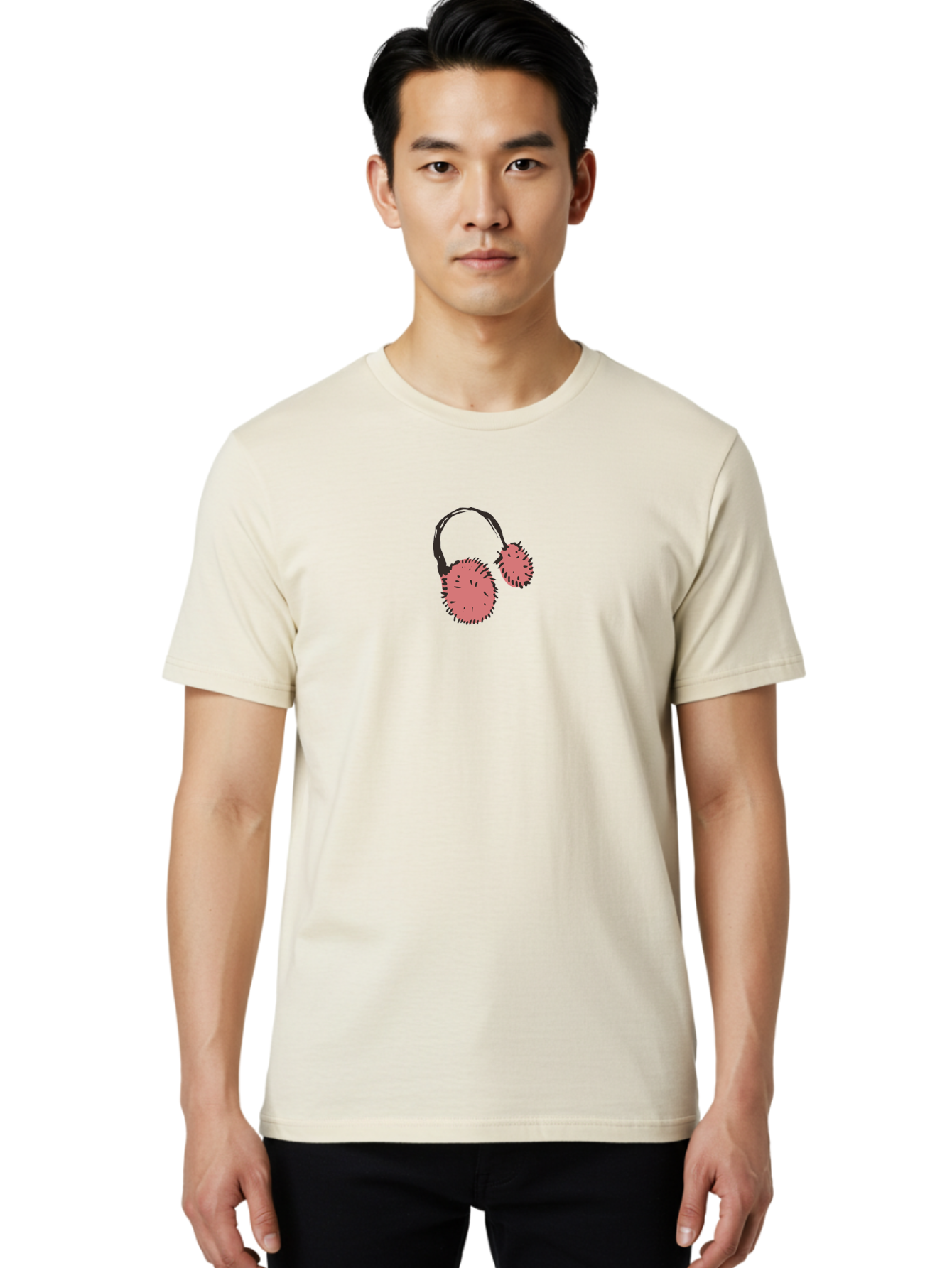 Pink-Headphones Men'S Graphic Tee, 100% Cotton, Comfortable Casual Summer Wear, Machine Washable, Headphones With Spiky Ear Cups, Pink Earpieces, Black Accents, Music Accessories, Audio Gear, Spiky Design, Edgy Style Aab045