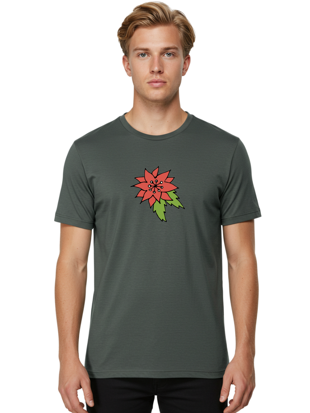 Poinsettia-2 Men'S Graphic Tee, 100% Cotton, Comfortable Casual Summer Wear, Machine Washable, Red Poinsettia Flower, Festive Holiday Decor, Christmas Plant, Symbolic Blooms, Vibrant Red Petals, Green Leaves, Winter Flowers, Aab047