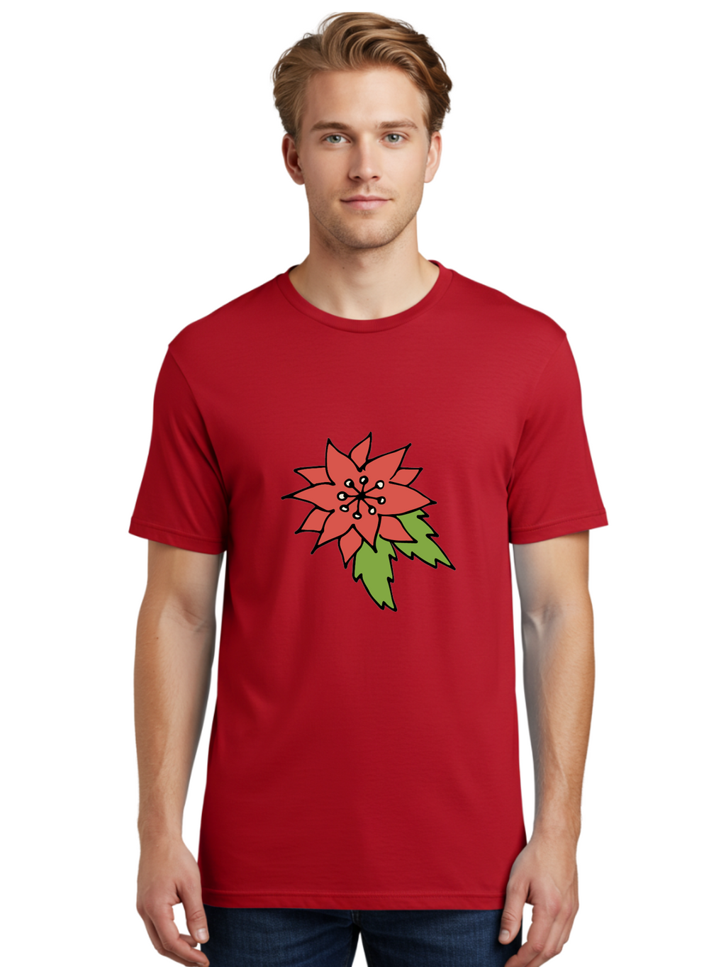 Poinsettia-2 Men'S Graphic Tee, 100% Cotton, Comfortable Casual Summer Wear, Machine Washable, Red Poinsettia Flower, Festive Holiday Decor, Christmas Plant, Symbolic Blooms, Vibrant Red Petals, Green Leaves, Winter Flowers, Aab047