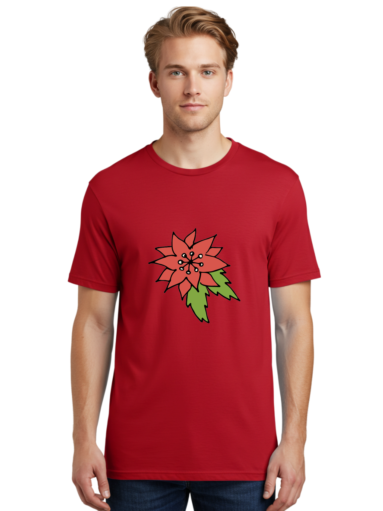 Poinsettia-2 Men'S Graphic Tee, 100% Cotton, Comfortable Casual Summer Wear, Machine Washable, Red Poinsettia Flower, Festive Holiday Decor, Christmas Plant, Symbolic Blooms, Vibrant Red Petals, Green Leaves, Winter Flowers, Aab047
