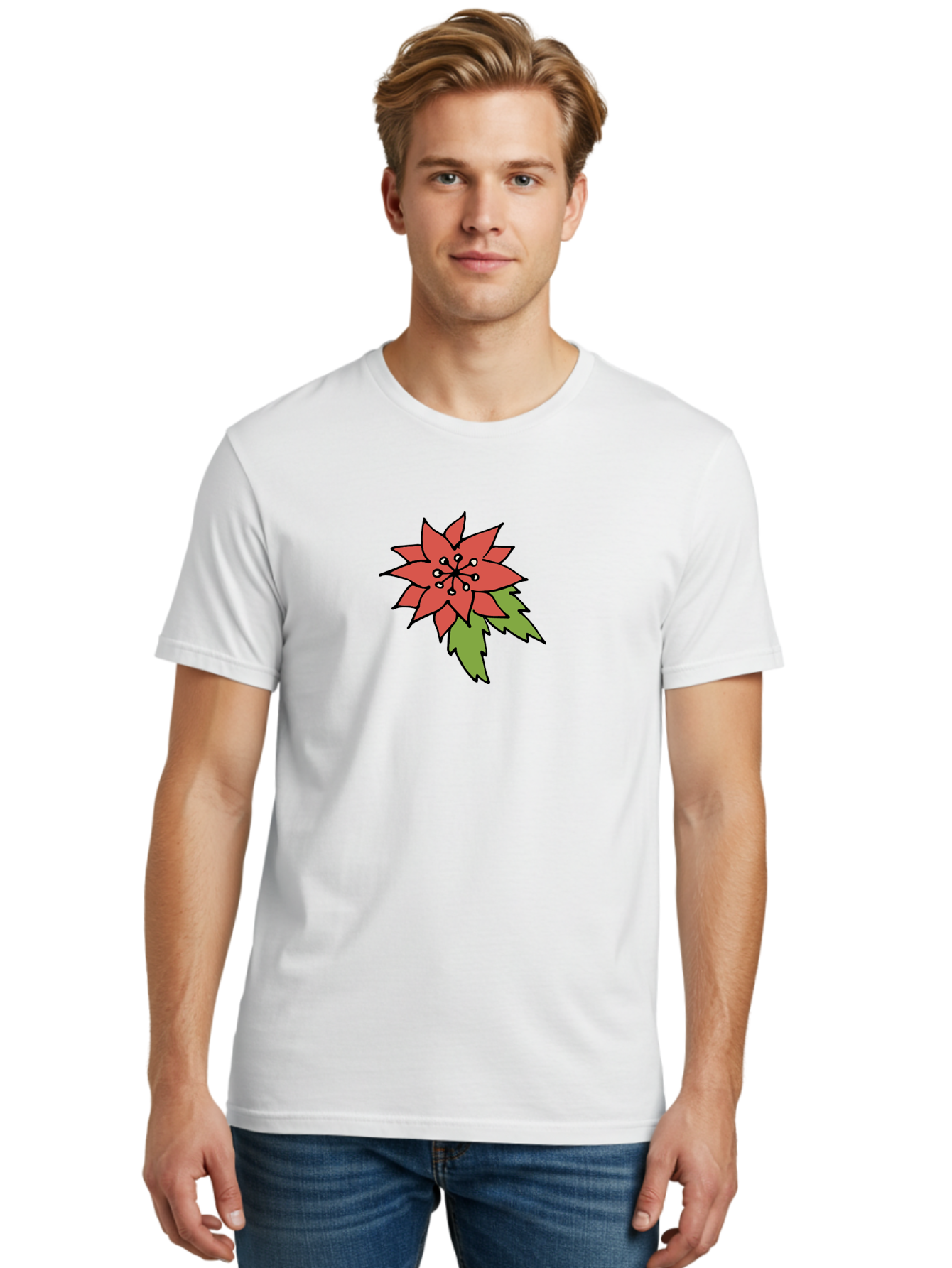 Poinsettia-2 Men'S Graphic Tee, 100% Cotton, Comfortable Casual Summer Wear, Machine Washable, Red Poinsettia Flower, Festive Holiday Decor, Christmas Plant, Symbolic Blooms, Vibrant Red Petals, Green Leaves, Winter Flowers, Aab047