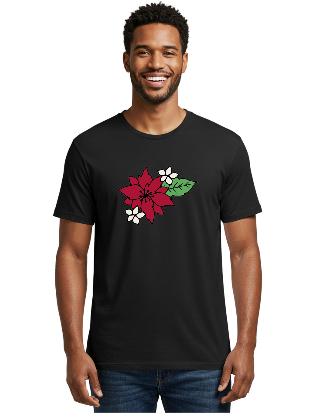 Poinsettia-Flower Men'S Graphic Tee, 100% Cotton, Comfortable Casual Summer Wear, Machine Washable, Red Poinsettia, White Flowers, Green Leaves, Festive Flowers, Holiday Decor, Christmas Plant, Winter Blooms, Floral Arrangement Aab049
