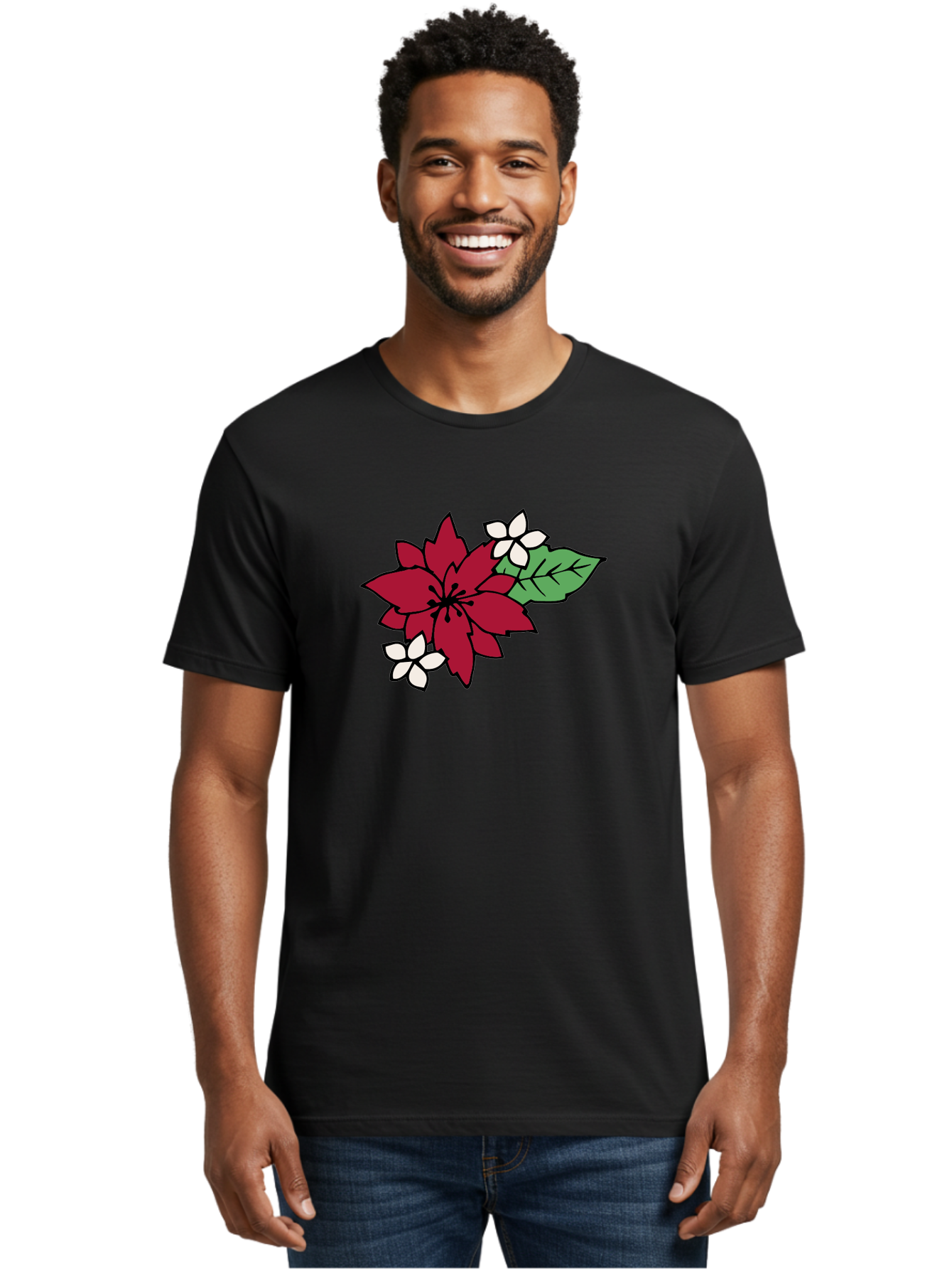 Poinsettia-Flower Men'S Graphic Tee, 100% Cotton, Comfortable Casual Summer Wear, Machine Washable, Red Poinsettia, White Flowers, Green Leaves, Festive Flowers, Holiday Decor, Christmas Plant, Winter Blooms, Floral Arrangement Aab049