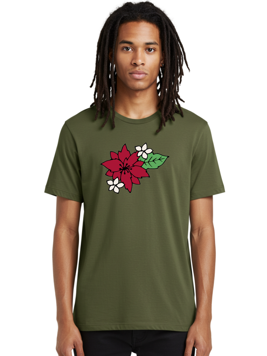 Poinsettia-Flower Men'S Graphic Tee, 100% Cotton, Comfortable Casual Summer Wear, Machine Washable, Red Poinsettia, White Flowers, Green Leaves, Festive Flowers, Holiday Decor, Christmas Plant, Winter Blooms, Floral Arrangement Aab049