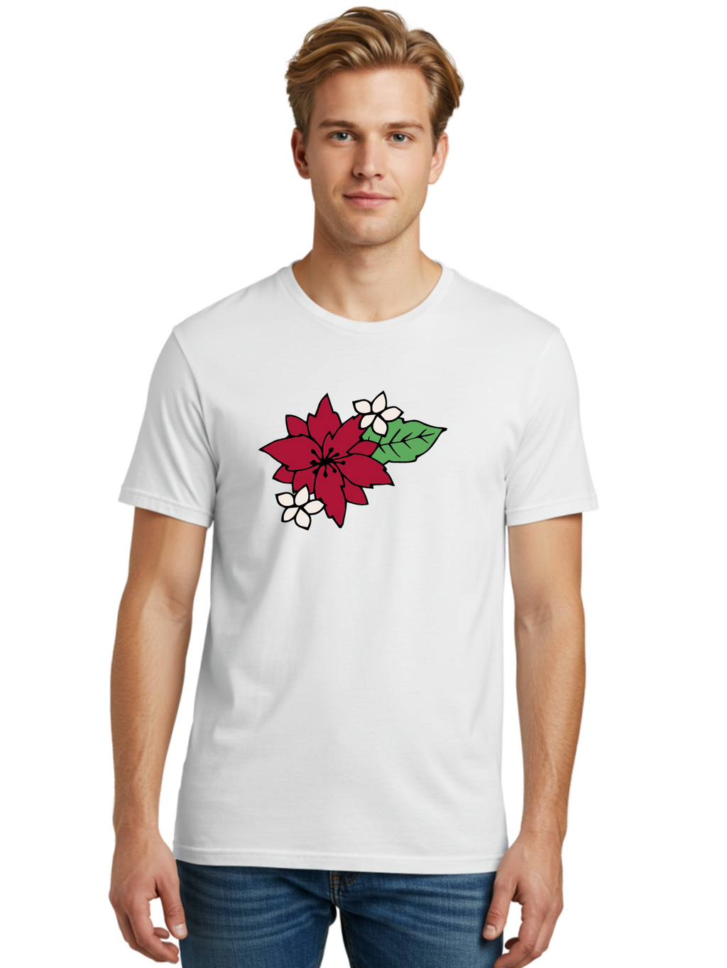 Poinsettia-Flower Men'S Graphic Tee, 100% Cotton, Comfortable Casual Summer Wear, Machine Washable, Red Poinsettia, White Flowers, Green Leaves, Festive Flowers, Holiday Decor, Christmas Plant, Winter Blooms, Floral Arrangement Aab049