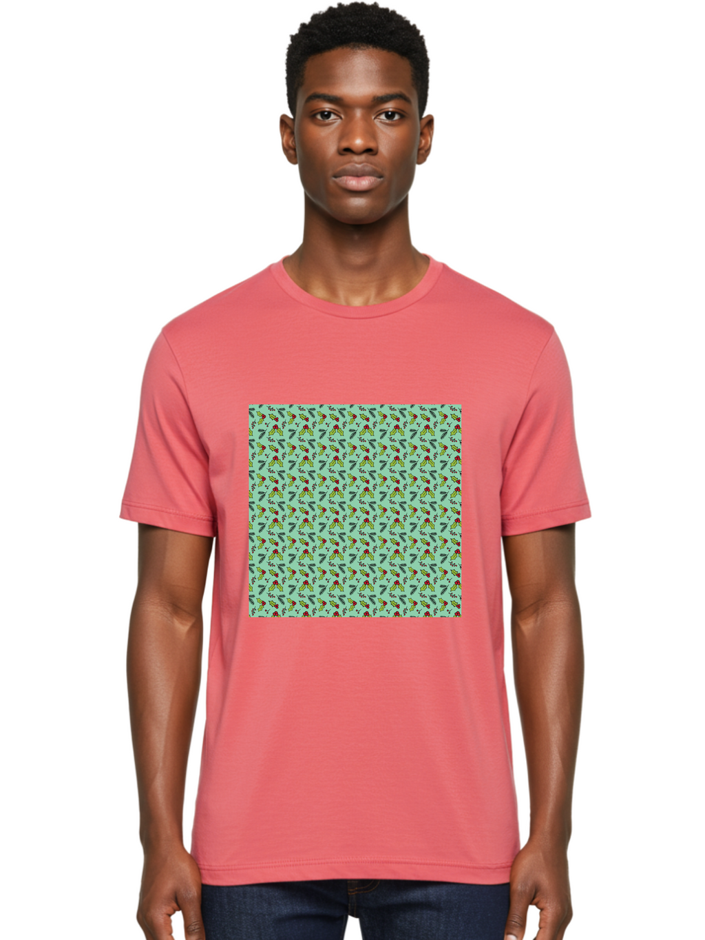 Poinsettia-Pattern Men'S Graphic Tee, 100% Cotton, Comfortable Casual Summer Wear, Machine Washable, Holly Leaves, Red Berries, Festive Design, Holiday Pattern, Seamless Texture, Green Leaves, Christmas Decor, Winter Theme, Joyful Atmosphere Aab050