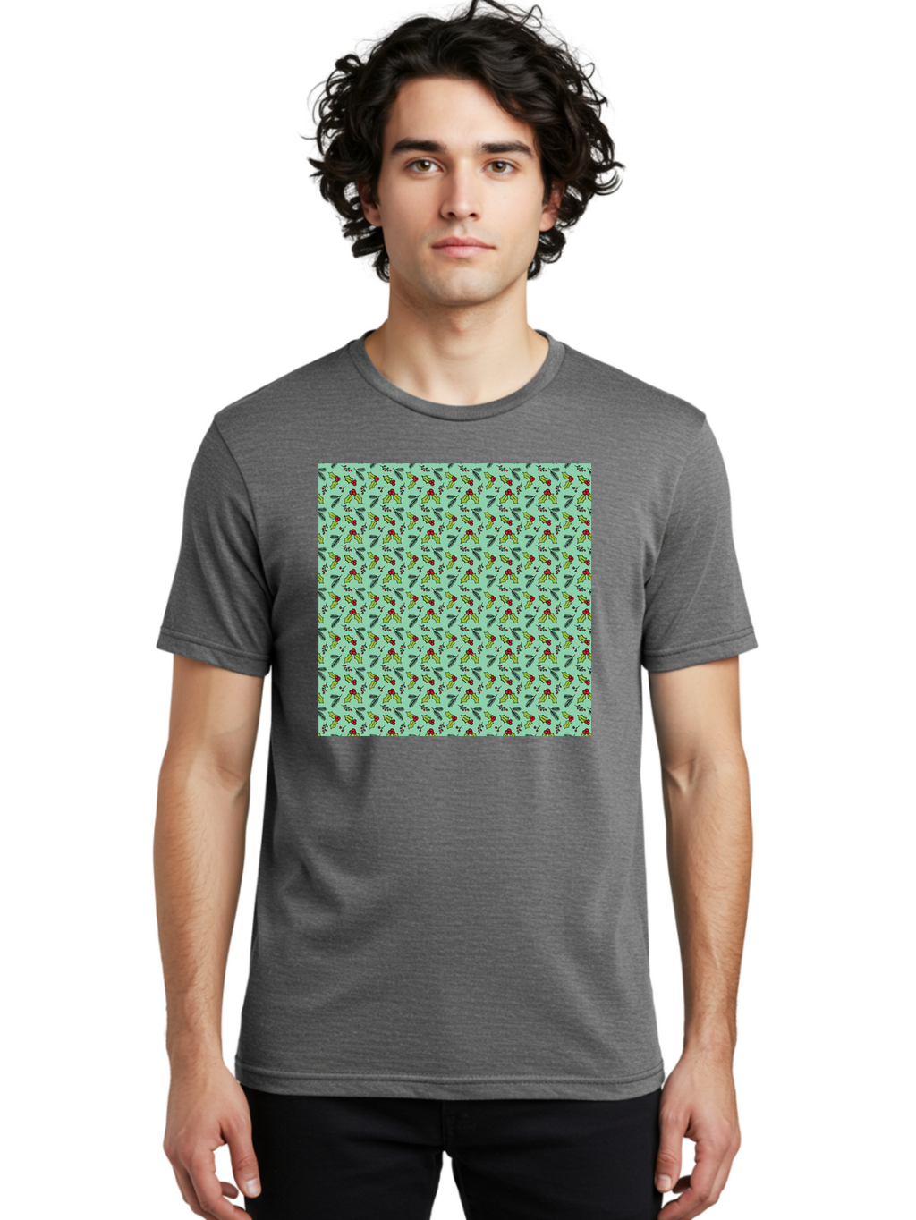 Poinsettia-Pattern Men'S Graphic Tee, 100% Cotton, Comfortable Casual Summer Wear, Machine Washable, Holly Leaves, Red Berries, Festive Design, Holiday Pattern, Seamless Texture, Green Leaves, Christmas Decor, Winter Theme, Joyful Atmosphere Aab050