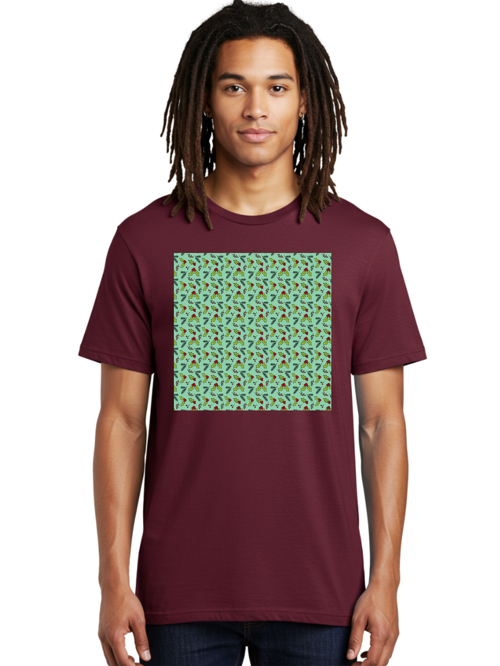 Poinsettia-Pattern Men'S Graphic Tee, 100% Cotton, Comfortable Casual Summer Wear, Machine Washable, Holly Leaves, Red Berries, Festive Design, Holiday Pattern, Seamless Texture, Green Leaves, Christmas Decor, Winter Theme, Joyful Atmosphere Aab050