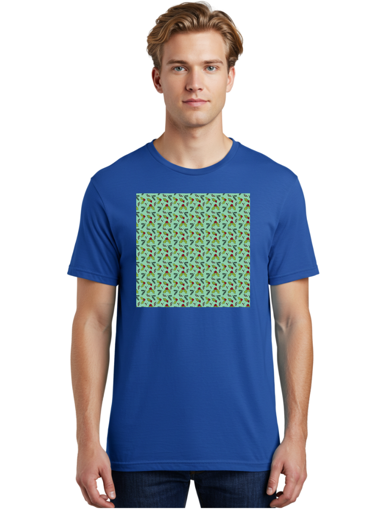 Poinsettia-Pattern Men'S Graphic Tee, 100% Cotton, Comfortable Casual Summer Wear, Machine Washable, Holly Leaves, Red Berries, Festive Design, Holiday Pattern, Seamless Texture, Green Leaves, Christmas Decor, Winter Theme, Joyful Atmosphere Aab050