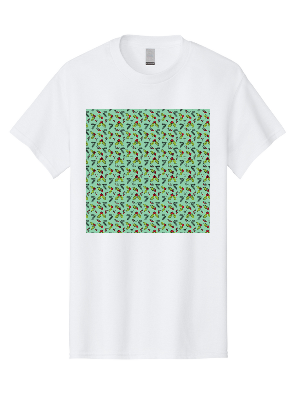 Poinsettia-Pattern Men'S Graphic Tee, 100% Cotton, Comfortable Casual Summer Wear, Machine Washable, Holly Leaves, Red Berries, Festive Design, Holiday Pattern, Seamless Texture, Green Leaves, Christmas Decor, Winter Theme, Joyful Atmosphere Aab050