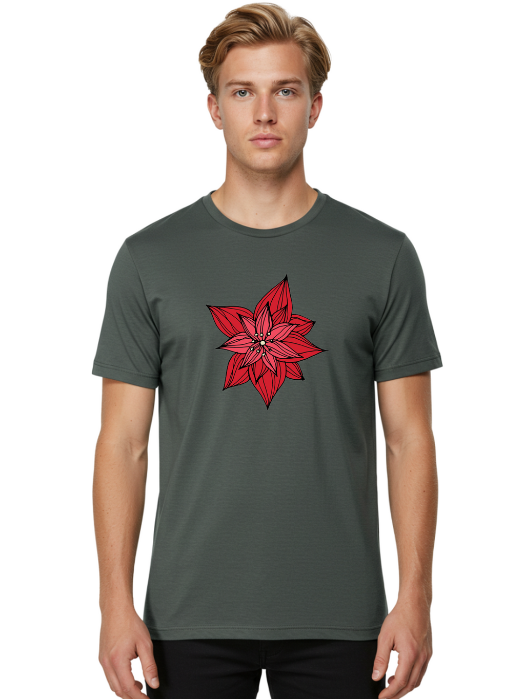 Poinsettia Men'S Graphic Tee, 100% Cotton, Comfortable Casual Summer Wear, Machine Washable, Poinsettia Flower, Red Petals, Festive Decor, Holiday Decoration, Christmas Flower, Symbolic Bloom, Vibrant Red Aab051