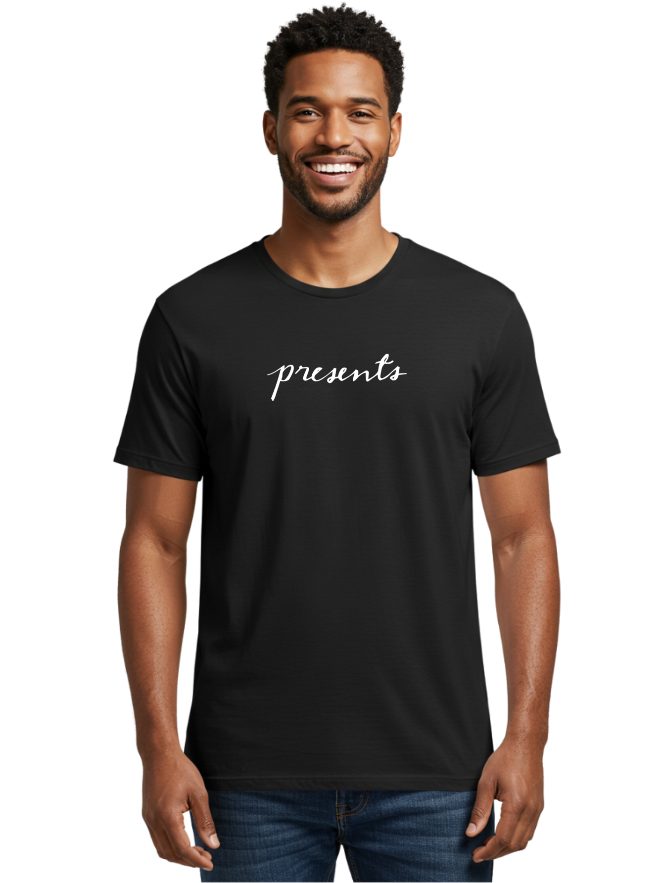 Presents-1 Men'S Graphic Tee, 100% Cotton, Comfortable Casual Summer Wear, Machine Washable, Presents, Gift Giving, Cursive Text, White Font, Elegant Script, Creative Typography, Stylish Presentation Aab055