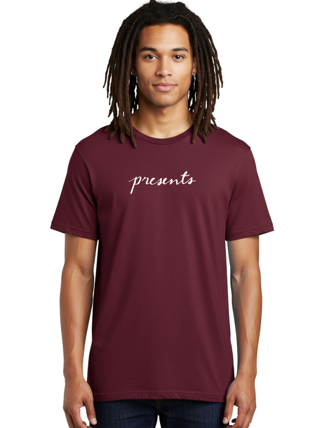 Presents-1 Men'S Graphic Tee, 100% Cotton, Comfortable Casual Summer Wear, Machine Washable, Presents, Gift Giving, Cursive Text, White Font, Elegant Script, Creative Typography, Stylish Presentation Aab055