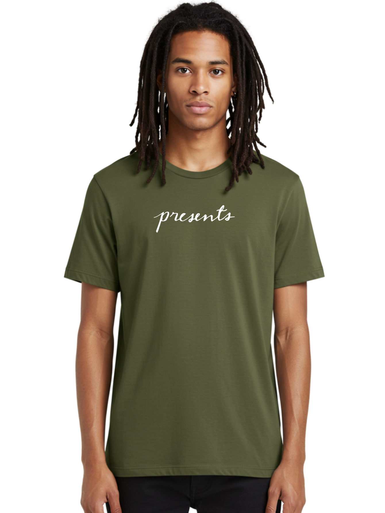 Presents-1 Men'S Graphic Tee, 100% Cotton, Comfortable Casual Summer Wear, Machine Washable, Presents, Gift Giving, Cursive Text, White Font, Elegant Script, Creative Typography, Stylish Presentation Aab055