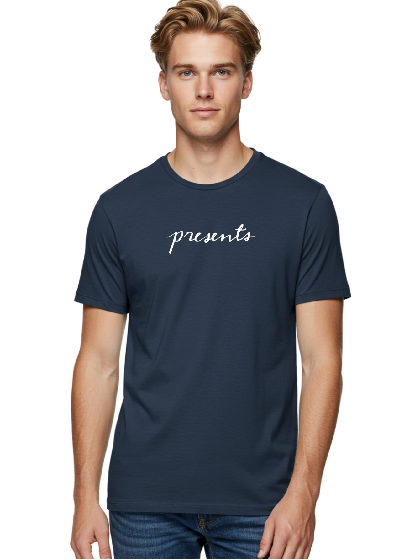 Presents-1 Men'S Graphic Tee, 100% Cotton, Comfortable Casual Summer Wear, Machine Washable, Presents, Gift Giving, Cursive Text, White Font, Elegant Script, Creative Typography, Stylish Presentation Aab055