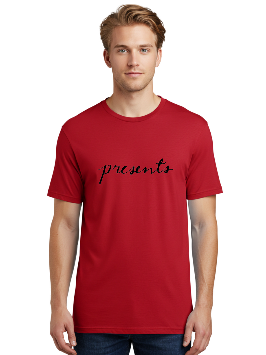 Presents Men'S Graphic Tee, 100% Cotton, Comfortable Casual Summer Wear, Machine Washable, Elegant Script, Cursive Font, Gift Giving, Special Occasions, Black Text, Minimalist Design, Simple Elegance, Classy Typography Aab056