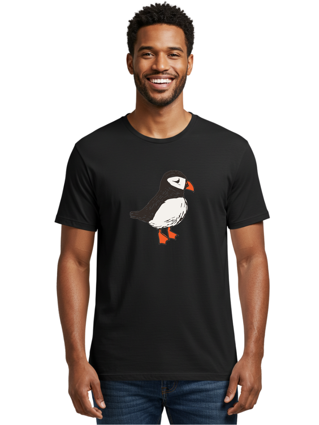 Puffin Men'S Graphic Tee, 100% Cotton, Comfortable Casual Summer Wear, Machine Washable, Cartoon Puffin, Black And White Bird, Orange Beak, Orange Feet, Seabird, Wildlife Illustration, Cute Animal, Hand-Drawn Art Aab057