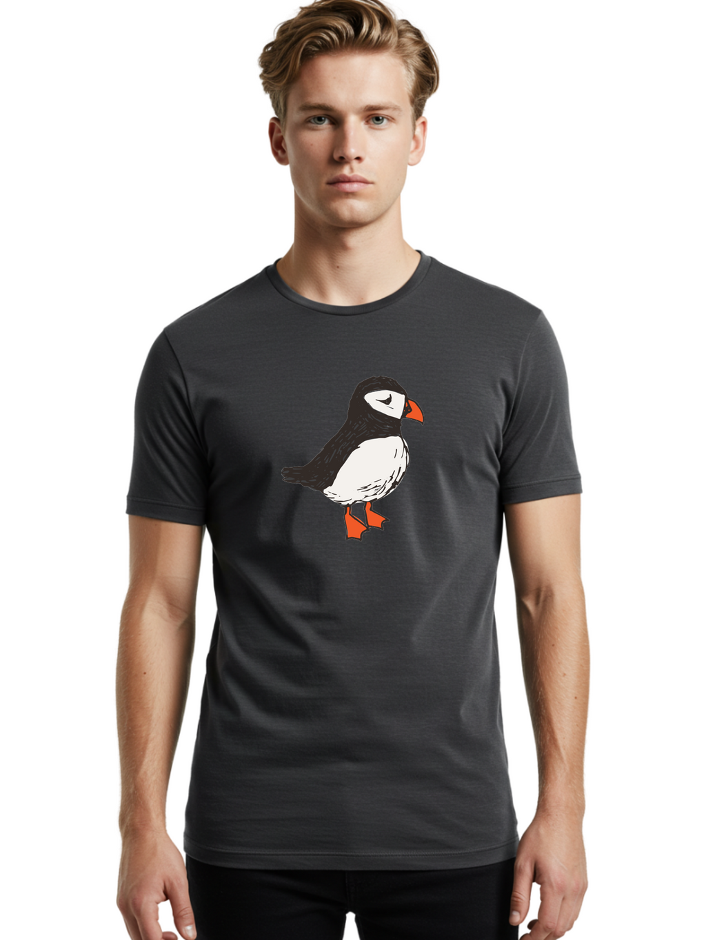 Puffin Men'S Graphic Tee, 100% Cotton, Comfortable Casual Summer Wear, Machine Washable, Cartoon Puffin, Black And White Bird, Orange Beak, Orange Feet, Seabird, Wildlife Illustration, Cute Animal, Hand-Drawn Art Aab057