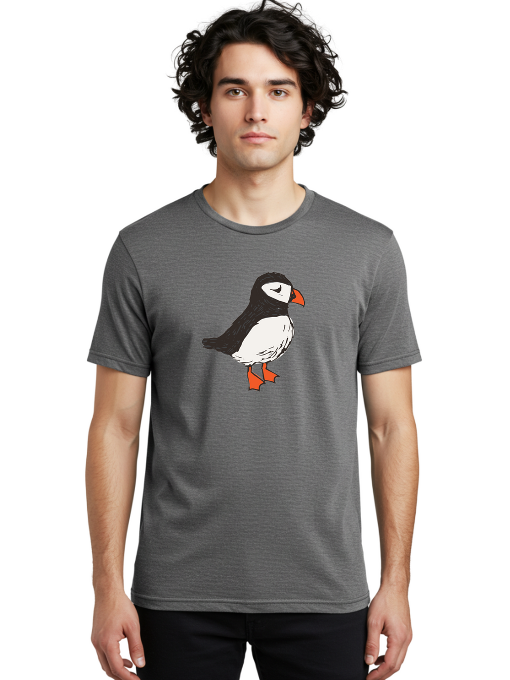 Puffin Men'S Graphic Tee, 100% Cotton, Comfortable Casual Summer Wear, Machine Washable, Cartoon Puffin, Black And White Bird, Orange Beak, Orange Feet, Seabird, Wildlife Illustration, Cute Animal, Hand-Drawn Art Aab057