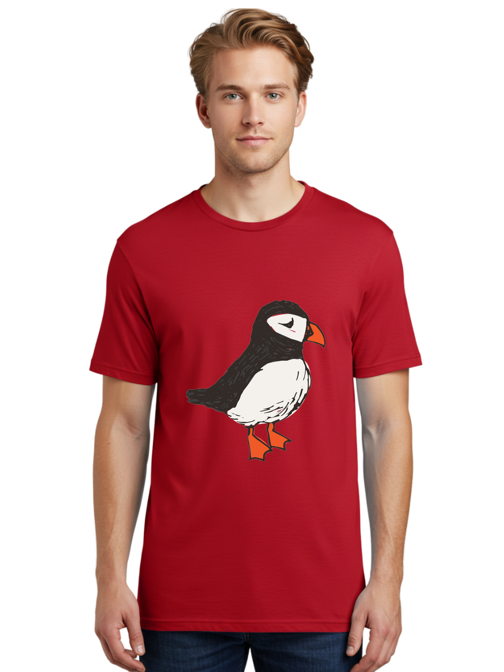 Puffin Men'S Graphic Tee, 100% Cotton, Comfortable Casual Summer Wear, Machine Washable, Cartoon Puffin, Black And White Bird, Orange Beak, Orange Feet, Seabird, Wildlife Illustration, Cute Animal, Hand-Drawn Art Aab057