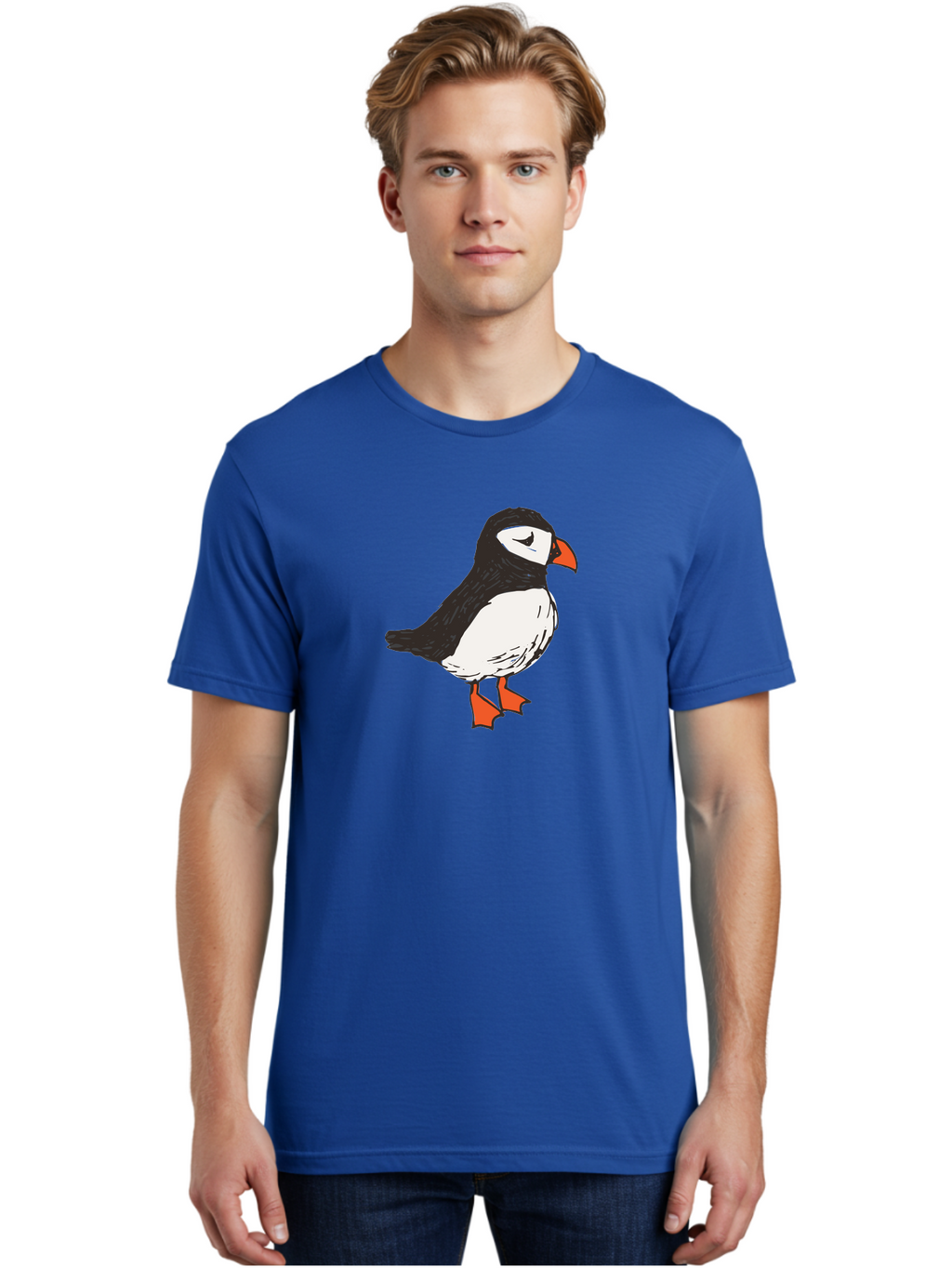 Puffin Men'S Graphic Tee, 100% Cotton, Comfortable Casual Summer Wear, Machine Washable, Cartoon Puffin, Black And White Bird, Orange Beak, Orange Feet, Seabird, Wildlife Illustration, Cute Animal, Hand-Drawn Art Aab057