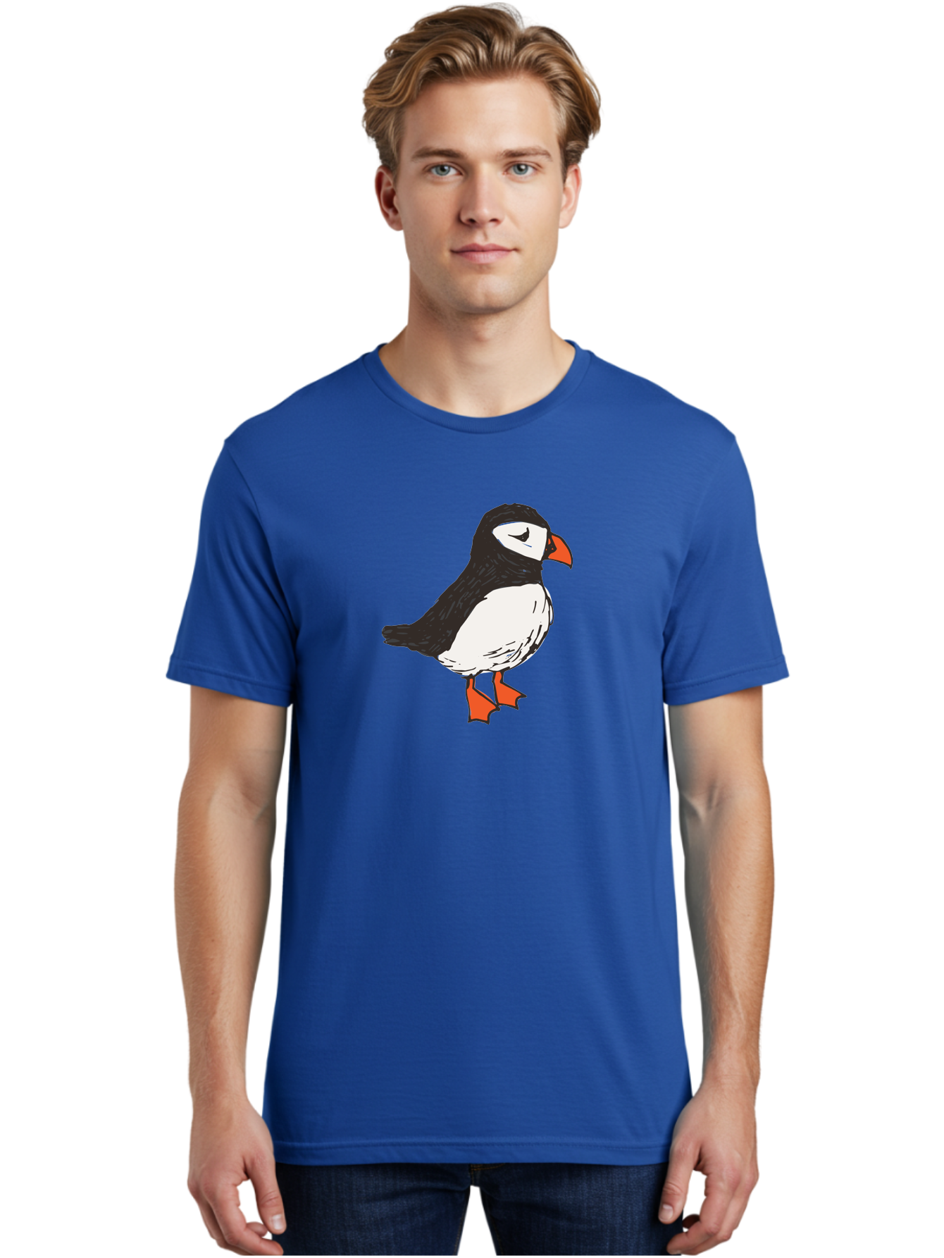 Puffin Men'S Graphic Tee, 100% Cotton, Comfortable Casual Summer Wear, Machine Washable, Cartoon Puffin, Black And White Bird, Orange Beak, Orange Feet, Seabird, Wildlife Illustration, Cute Animal, Hand-Drawn Art Aab057