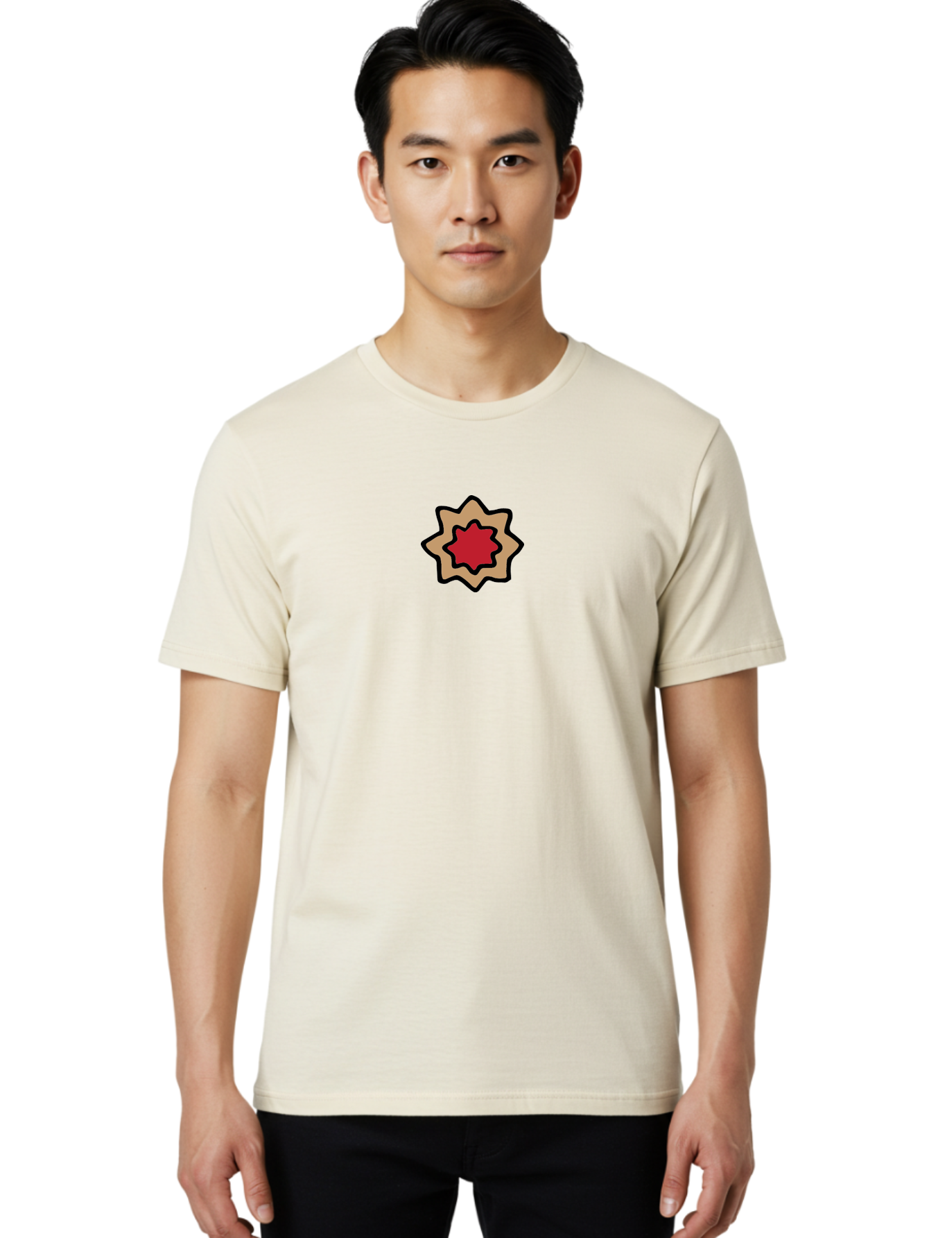 Red-And-Beige-Star Men'S Graphic Tee, 100% Cotton, Comfortable Casual Summer Wear, Machine Washable, Red Star, Tan Star, Black Outline, Star Shape, Abstract Design, Geometric Pattern, Simple Illustration, Minimalist Art Aab061