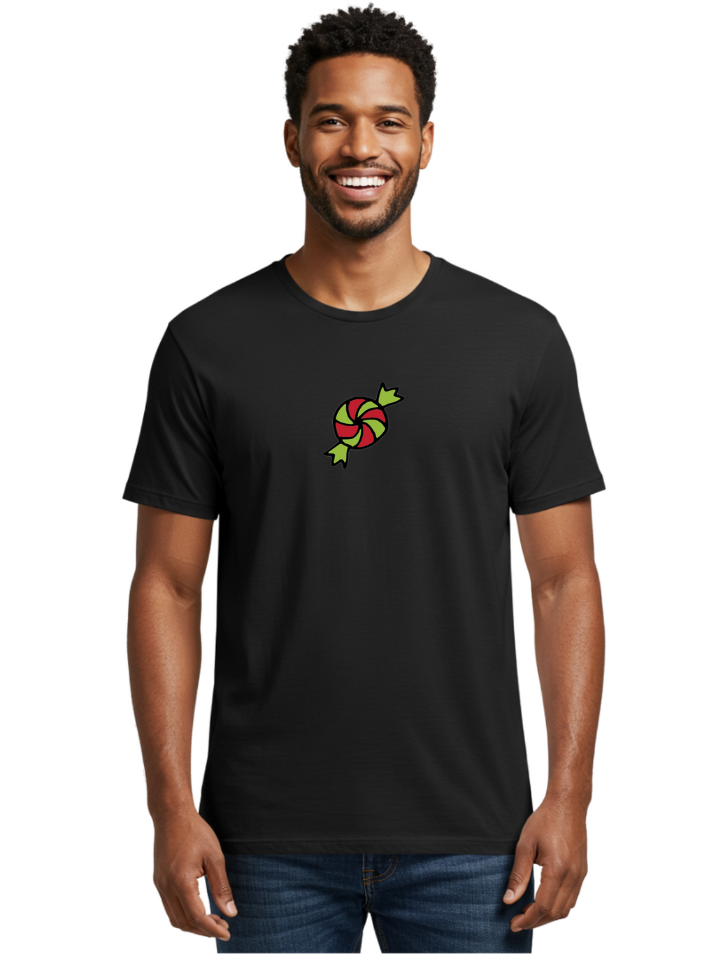 Red-And-Green-Swirled-Lollipop Men'S Graphic Tee, 100% Cotton, Comfortable Casual Summer Wear, Machine Washable, Colorful Candy, Red And Green Swirls, Wrapped Candy, Sweet Treat, Cartoon Style, Whimsical Design, Playful Illustration Aab062