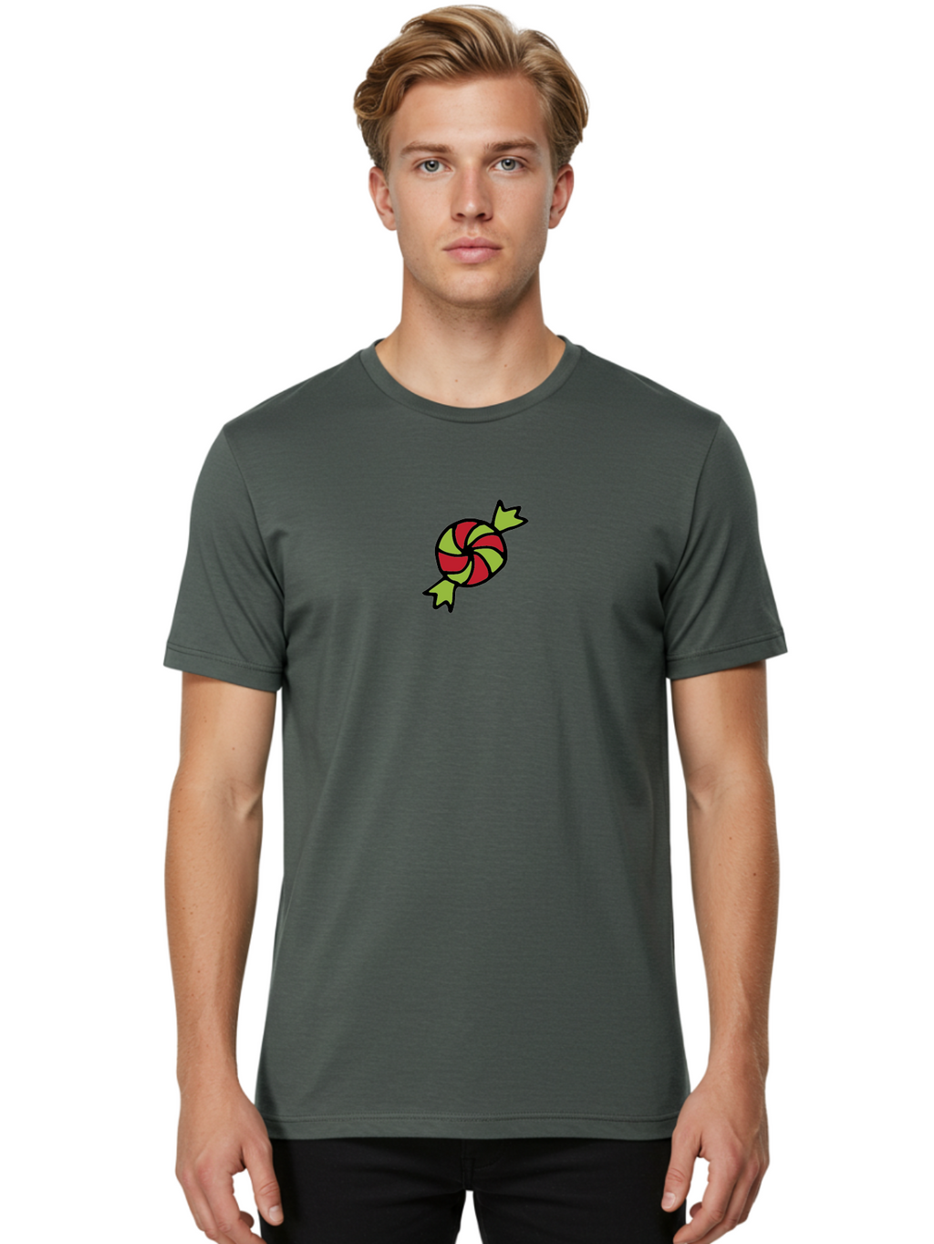 Red-And-Green-Swirled-Lollipop Men'S Graphic Tee, 100% Cotton, Comfortable Casual Summer Wear, Machine Washable, Colorful Candy, Red And Green Swirls, Wrapped Candy, Sweet Treat, Cartoon Style, Whimsical Design, Playful Illustration Aab062