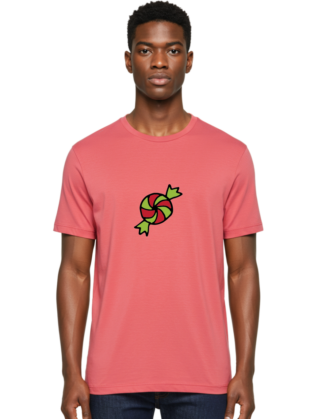 Red-And-Green-Swirled-Lollipop Men'S Graphic Tee, 100% Cotton, Comfortable Casual Summer Wear, Machine Washable, Colorful Candy, Red And Green Swirls, Wrapped Candy, Sweet Treat, Cartoon Style, Whimsical Design, Playful Illustration Aab062