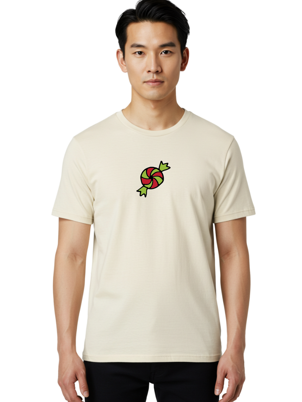 Red-And-Green-Swirled-Lollipop Men'S Graphic Tee, 100% Cotton, Comfortable Casual Summer Wear, Machine Washable, Colorful Candy, Red And Green Swirls, Wrapped Candy, Sweet Treat, Cartoon Style, Whimsical Design, Playful Illustration Aab062