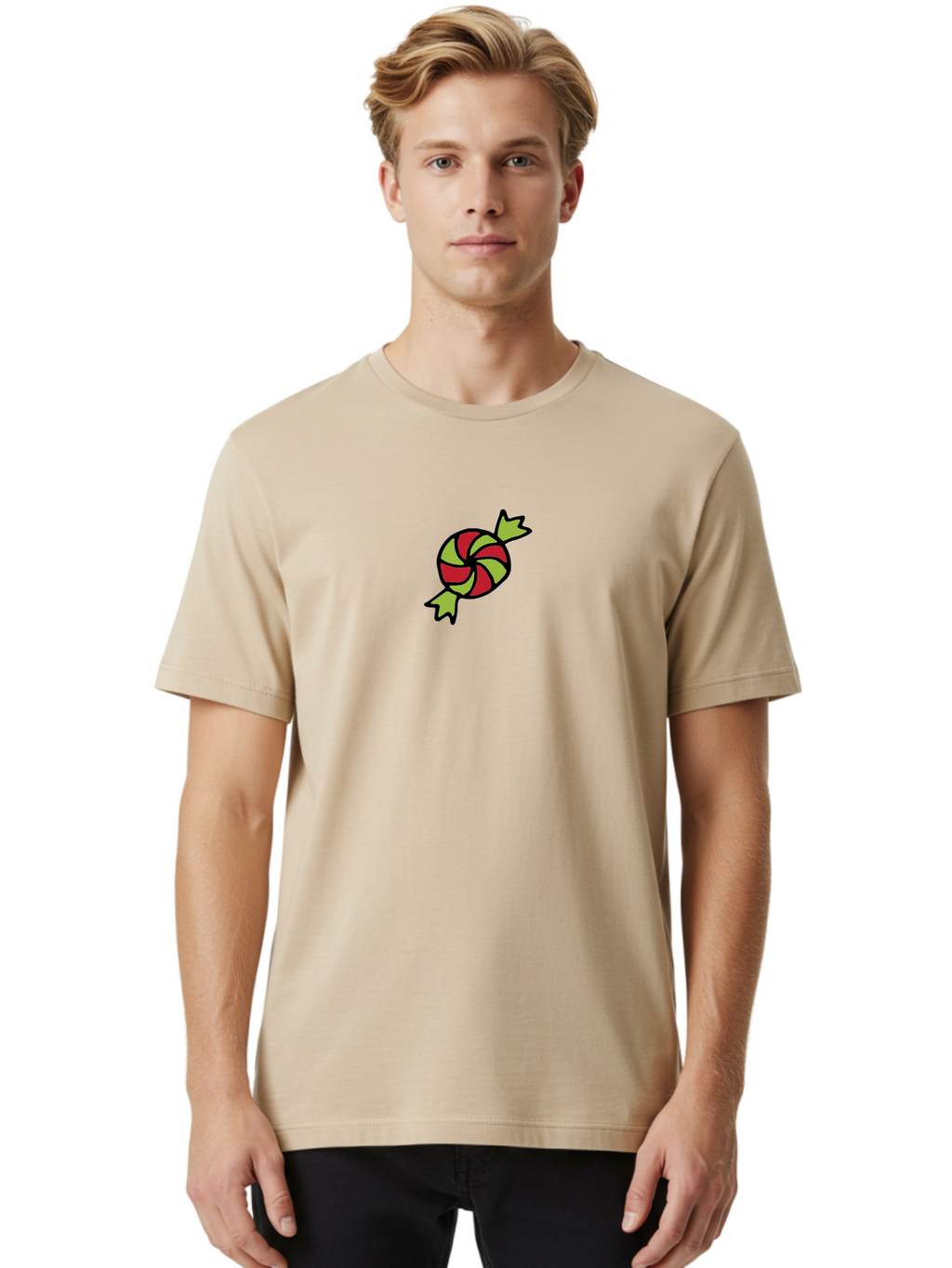 Red-And-Green-Swirled-Lollipop Men'S Graphic Tee, 100% Cotton, Comfortable Casual Summer Wear, Machine Washable, Colorful Candy, Red And Green Swirls, Wrapped Candy, Sweet Treat, Cartoon Style, Whimsical Design, Playful Illustration Aab062