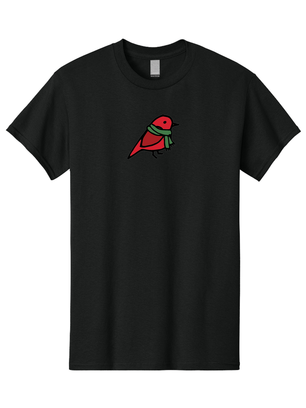 Red-Bird-With-Grey-Scarf Men'S Graphic Tee, 100% Cotton, Comfortable Casual Summer Wear, Machine Washable, Red Bird, Cartoon Style, Green Scarf, Black Outlines, Winter Theme, Festive, Charming, Simple Design, Playful, Cute Aab064