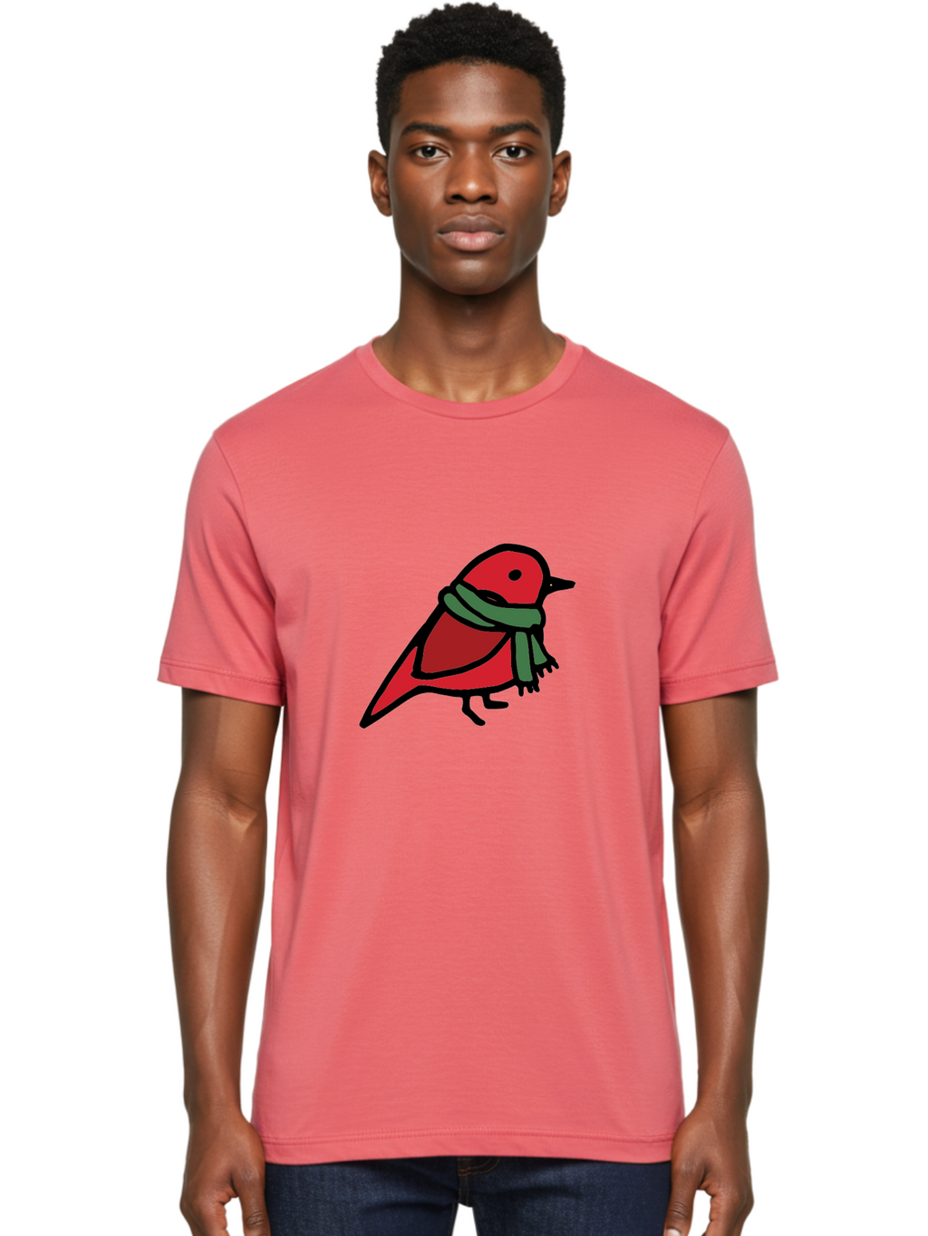 Red-Bird-With-Grey-Scarf Men'S Graphic Tee, 100% Cotton, Comfortable Casual Summer Wear, Machine Washable, Red Bird, Cartoon Style, Green Scarf, Black Outlines, Winter Theme, Festive, Charming, Simple Design, Playful, Cute Aab064