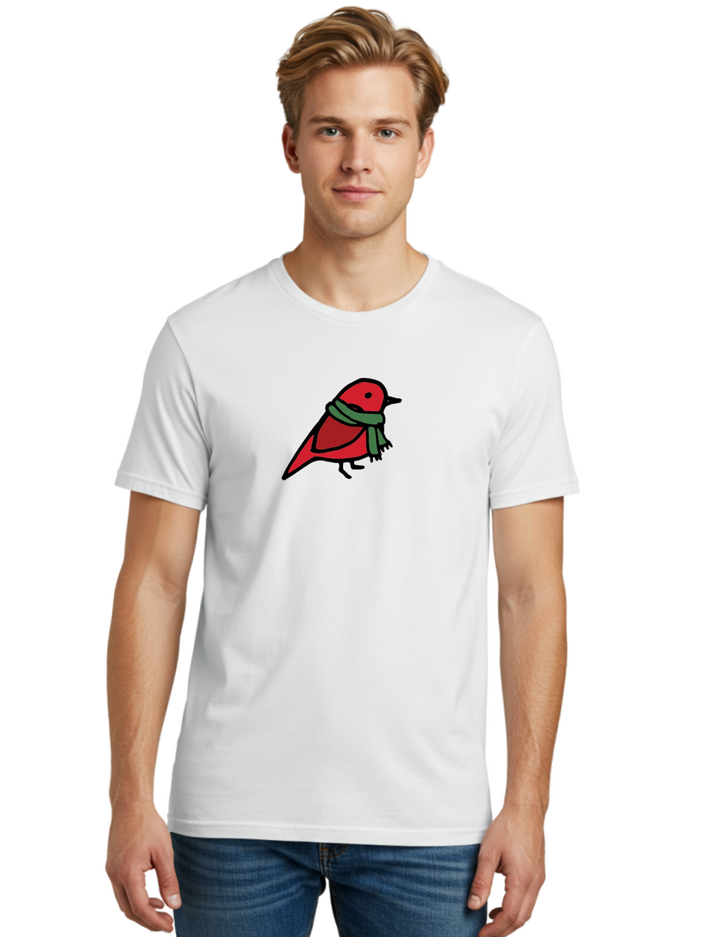 Red-Bird-With-Grey-Scarf Men'S Graphic Tee, 100% Cotton, Comfortable Casual Summer Wear, Machine Washable, Red Bird, Cartoon Style, Green Scarf, Black Outlines, Winter Theme, Festive, Charming, Simple Design, Playful, Cute Aab064