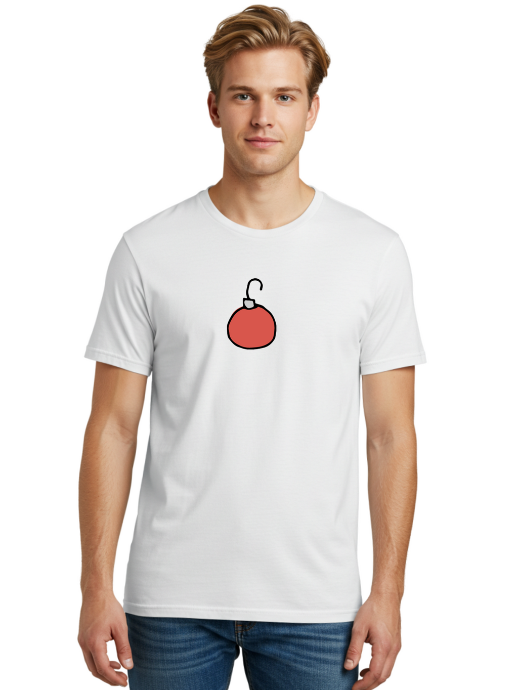 Red-Bomb Men'S Graphic Tee, 100% Cotton, Comfortable Casual Summer Wear, Machine Washable, Christmas Ornament, Red Decoration, Festive Symbol, Holiday Decor, Cartoon Style, Simple Design, Minimalist Art, Christmas Tree Decoration Aab065