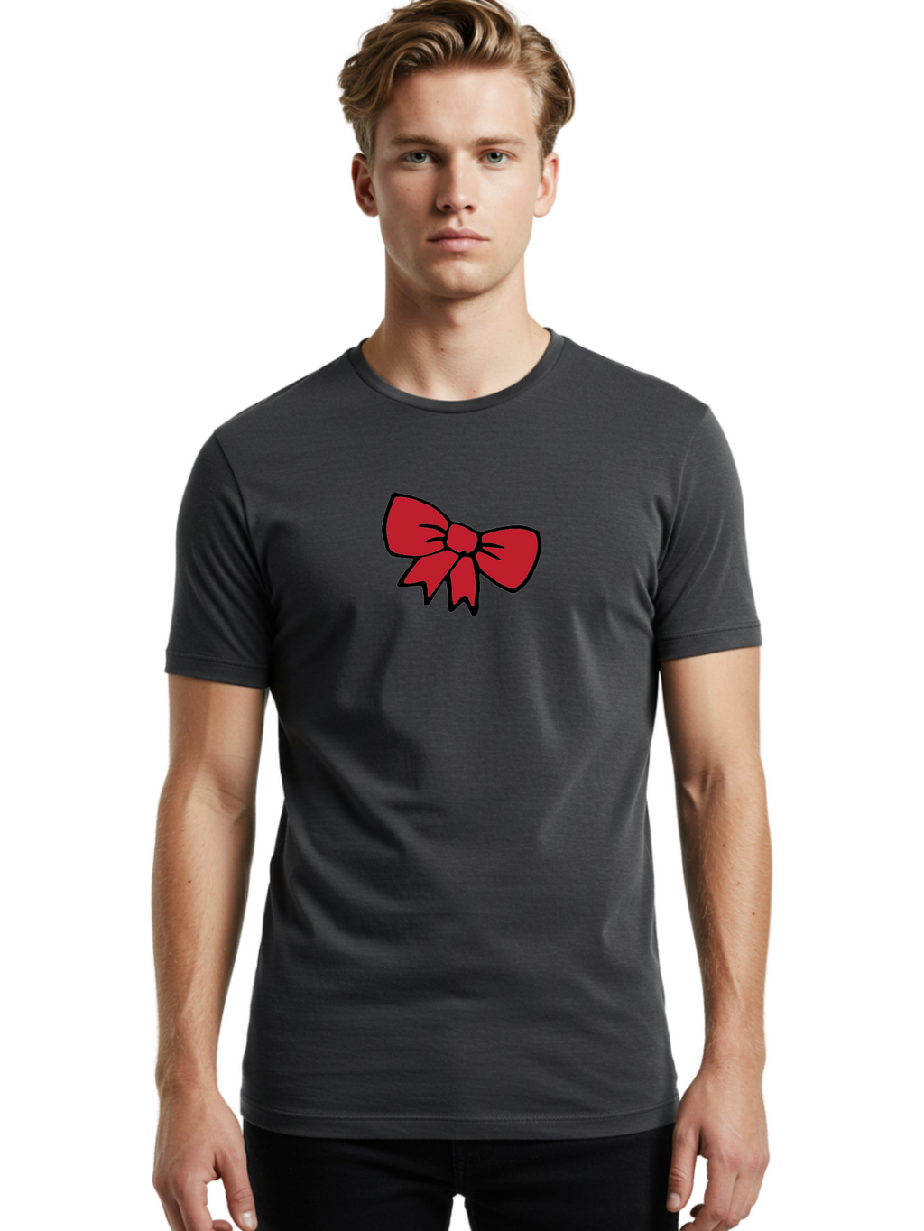 Red-Bow-3 Men'S Graphic Tee, 100% Cotton, Comfortable Casual Summer Wear, Machine Washable, Red Bow, Gift Wrapping, Festive Decor, Holiday Theme, Decorative Element, Cartoon Illustration, Simple Design Aab068