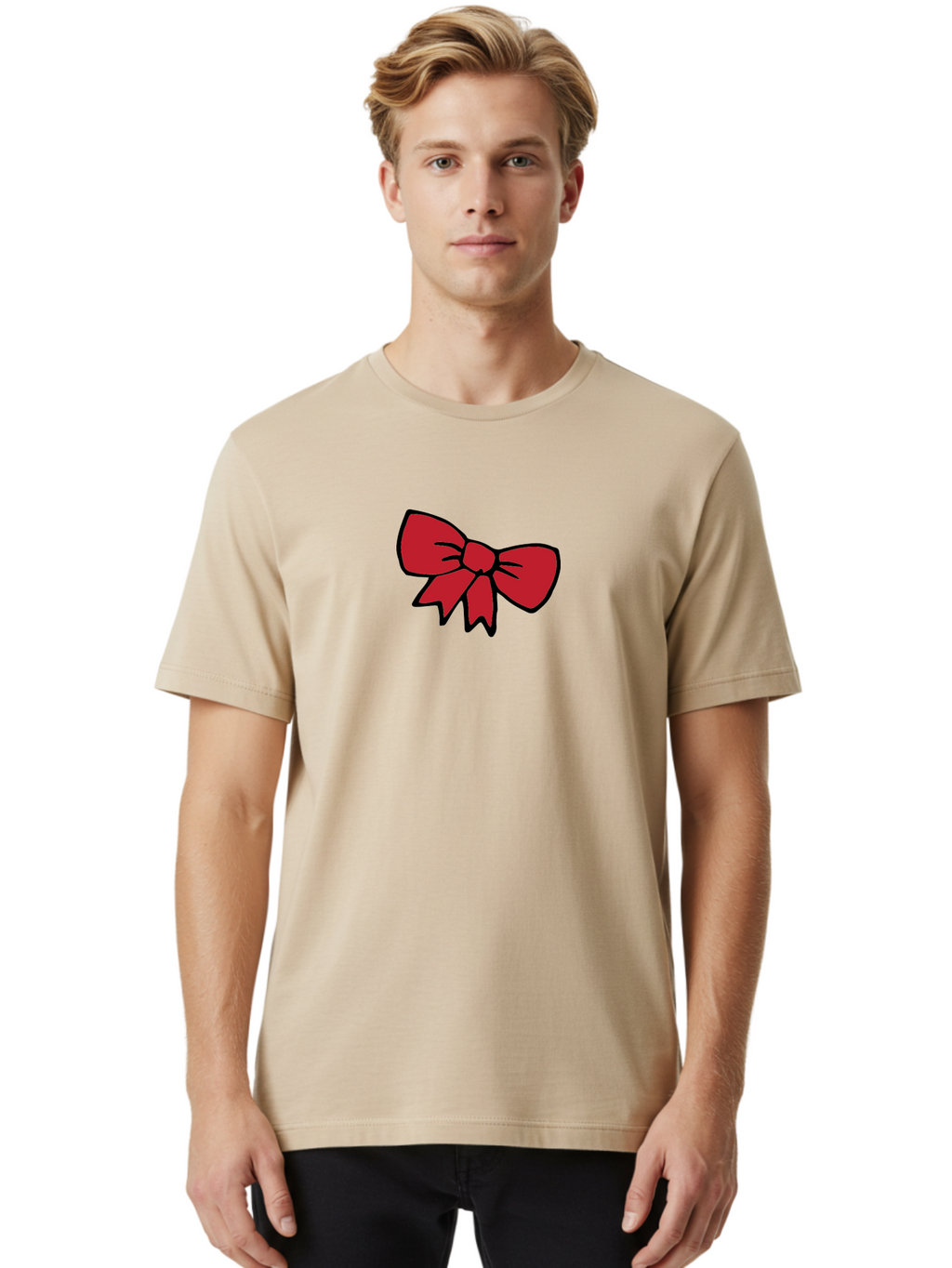 Red-Bow-3 Men'S Graphic Tee, 100% Cotton, Comfortable Casual Summer Wear, Machine Washable, Red Bow, Gift Wrapping, Festive Decor, Holiday Theme, Decorative Element, Cartoon Illustration, Simple Design Aab068