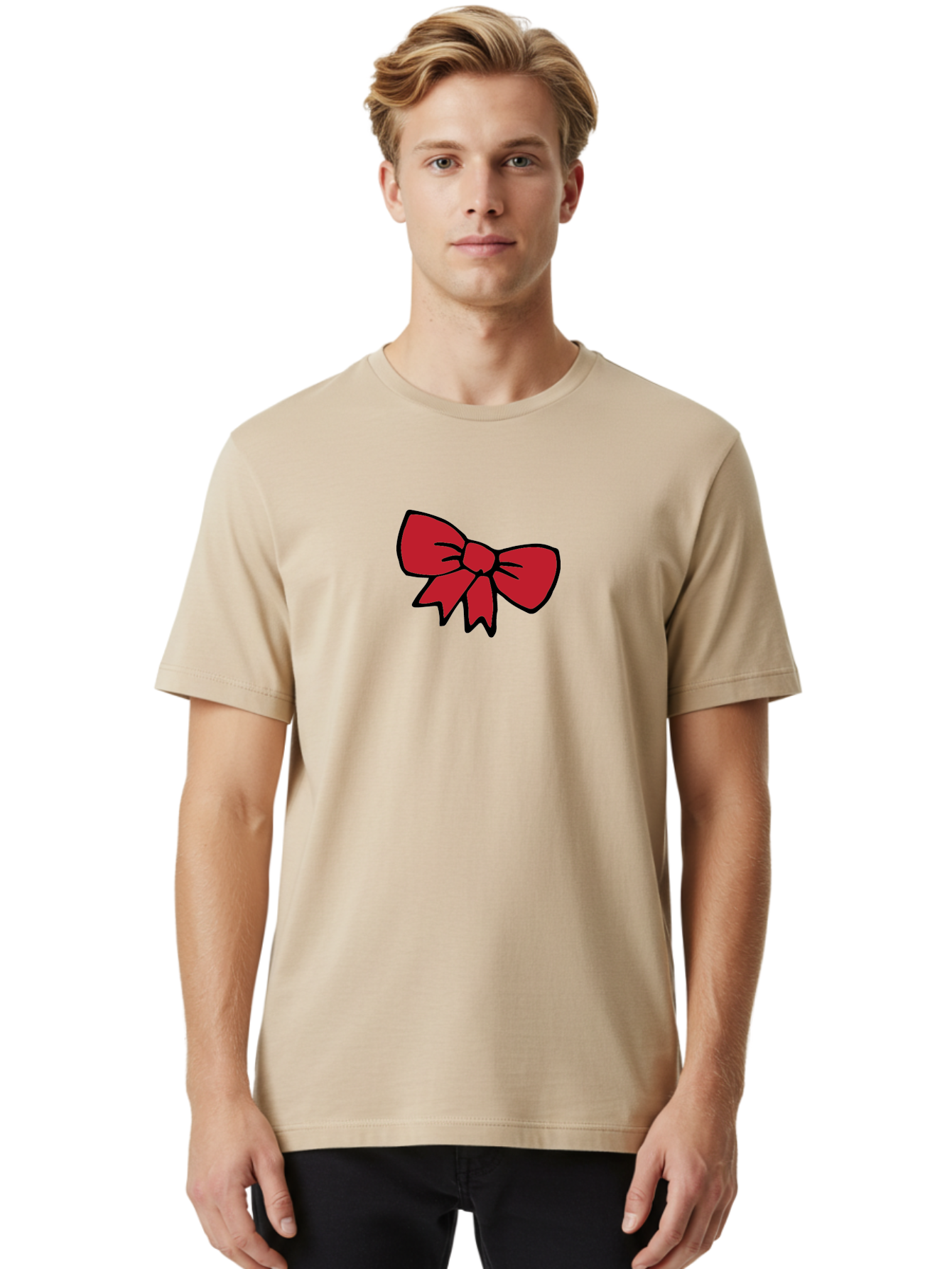 Red-Bow-3 Men'S Graphic Tee, 100% Cotton, Comfortable Casual Summer Wear, Machine Washable, Red Bow, Gift Wrapping, Festive Decor, Holiday Theme, Decorative Element, Cartoon Illustration, Simple Design Aab068