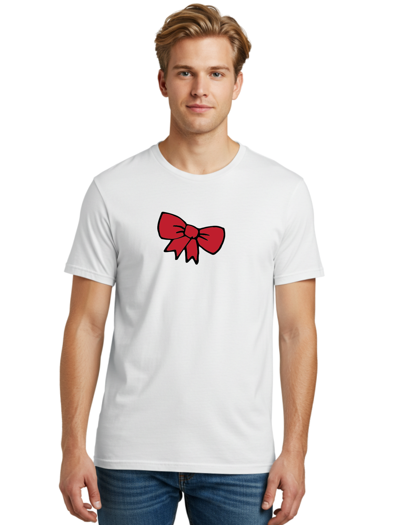 Red-Bow-3 Men'S Graphic Tee, 100% Cotton, Comfortable Casual Summer Wear, Machine Washable, Red Bow, Gift Wrapping, Festive Decor, Holiday Theme, Decorative Element, Cartoon Illustration, Simple Design Aab068