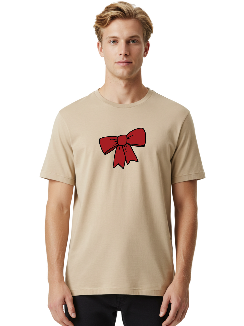 Red-Bow Men'S Graphic Tee, 100% Cotton, Comfortable Casual Summer Wear, Machine Washable, Red Bow, Gift Wrapping, Present Decoration, Festive Ribbon, Holiday Decor, Celebratory Bow, Party Favors Aab070